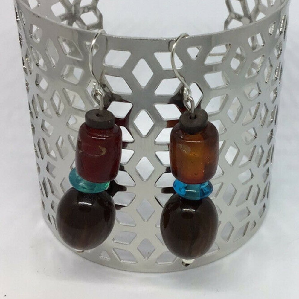Artisan Earrings Silver Tone Glass and Stone Bead